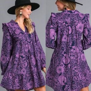 Umgee Sz S Purple Floral Cotton Dress V Neck Collar Ruffled Long Sleeve Romantic